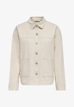 Veste beige à manches longues boutonnée avec col pointu et deux poches plaquées à l'avant, en tissu texturé.