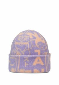 Purple fleece beanie with a folded cuff; features light orange graphic patterns of characters and text throughout. Soft texture.