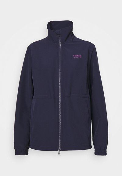Navy jacket made of lightweight fabric, features a high collar, full-length zipper, and elasticized cuffs with two front pockets and a logo.
