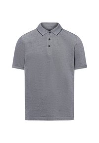 Graues Polohemd mit kurzen Ärmeln, flachem Strickkragen, Knopfleiste mit zwei Knöpfen und dezentem Strukturmuster. Schwarze Akzente entlang der Kragenkanten.