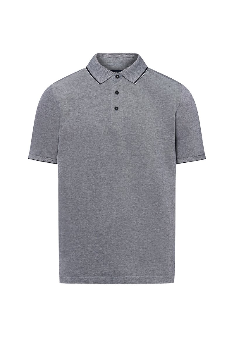 Graues Polohemd mit kurzen Ärmeln, flachem Strickkragen, Knopfleiste mit zwei Knöpfen und dezentem Strukturmuster. Schwarze Akzente entlang der Kragenkanten.