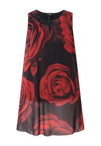 Abito senza maniche di colore nero con grandi motivi di rose rosse, dettagli in perline sul collo, tessuto leggero e una forma ad A fluente.