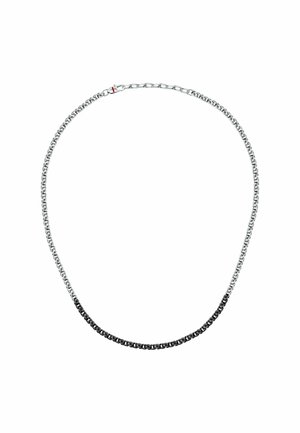 Collana in argento e nero con maglie alternate, dotata di chiusura a moschettone e superficie metallica liscia.