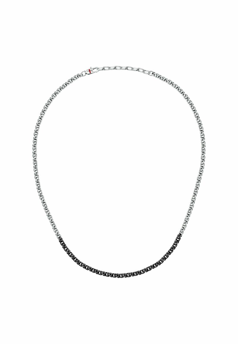 Collana in argento e nero con maglie alternate, dotata di chiusura a moschettone e superficie metallica liscia.