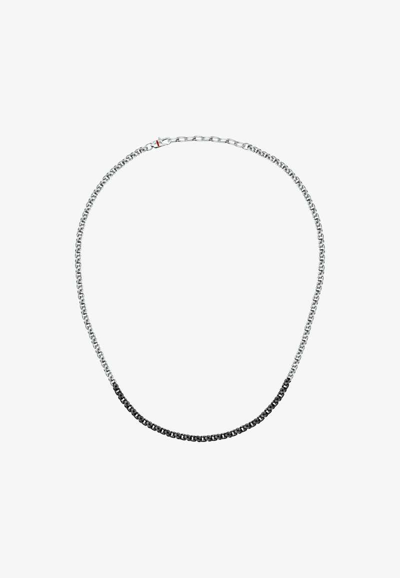 Collana in argento e nero con maglie alternate, dotata di chiusura a moschettone e superficie metallica liscia.