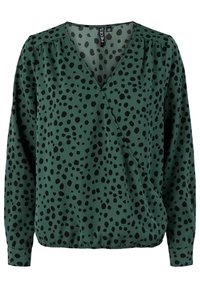 Grüne Bluse mit schwarzem Leopardenmuster, ausgestattet mit einem V-Ausschnitt, langen Ärmeln und einem elastischen Saum für eine lässige Passform. Weicher Stoff.