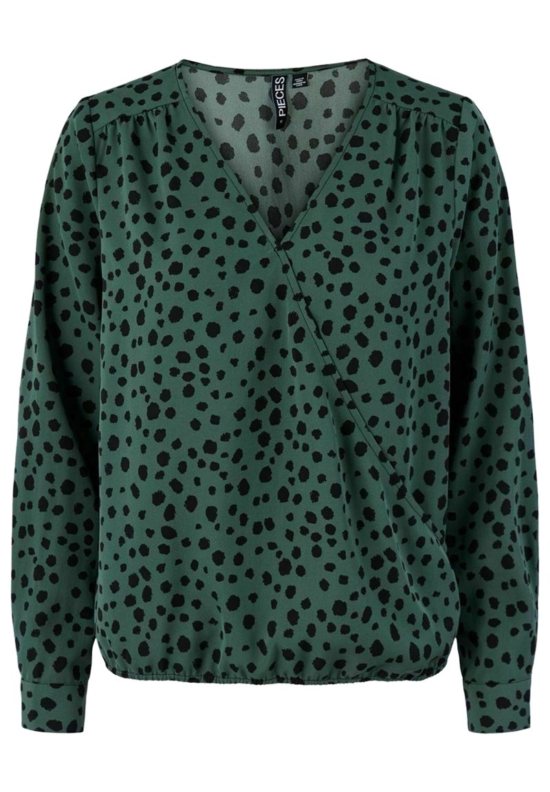 Grüne Bluse mit schwarzem Leopardenmuster, ausgestattet mit einem V-Ausschnitt, langen Ärmeln und einem elastischen Saum für eine lässige Passform. Weicher Stoff.