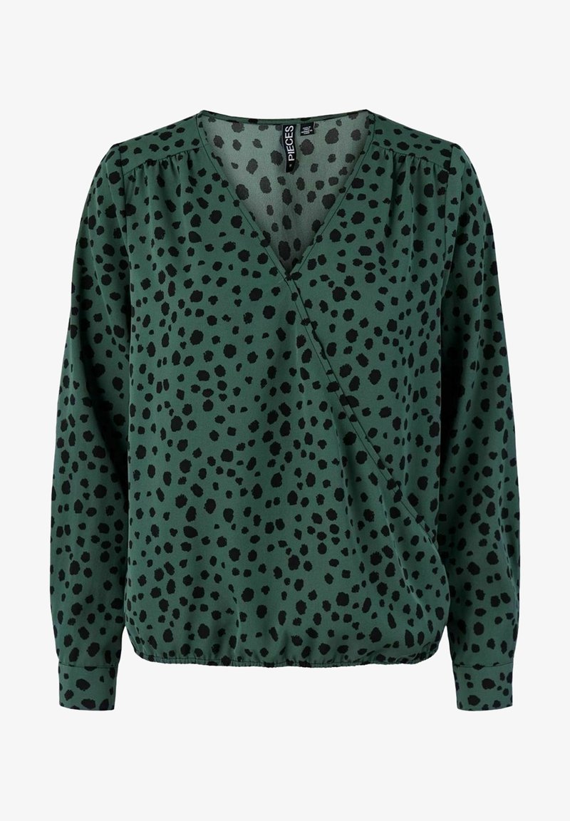 Grüne Bluse mit schwarzem Leopardenmuster, ausgestattet mit einem V-Ausschnitt, langen Ärmeln und einem elastischen Saum für eine lässige Passform. Weicher Stoff.