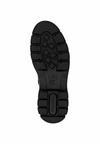 Semelle de chaussure en caoutchouc noir avec un motif de texture, présentant des formes géométriques et des nervures pour l'adhérence. Marquages incluant "remonte" et taille 37.