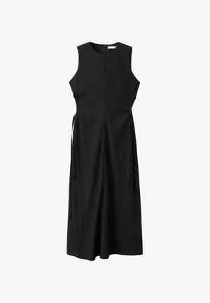 Ärmelloses schwarzes Midikleid mit rundem Ausschnitt, seitlichen Taillenbändern und verdecktem Reißverschluss am Rücken.