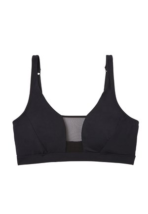 Bralette noire avec un tissu texturé, des bretelles larges et un insert en mesh au dos. Présente un design sans couture et une bande élastique pour le soutien.