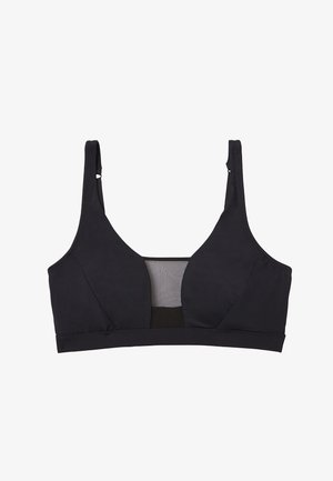 Bralette noire avec un tissu texturé, des bretelles larges et un insert en mesh au dos. Présente un design sans couture et une bande élastique pour le soutien.