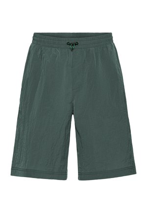 Dunkelgrüne Herren-Kurzhosen bis zum Knie mit elastischem Bund und grünem Kordelzug, versehen mit einer dezenten Gitterstruktur.