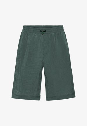 Dark green men's knee-length shorts with elastic waistband and green drawstring, featuring a subtle grid texture.