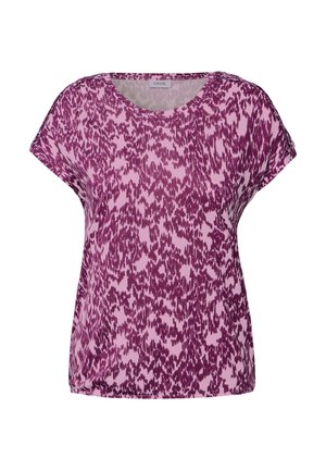 Top corto a maniche corte in viola e rosa con un motivo astratto testurizzato. Vestibilità ampia e scollo rotondo. Realizzato in tessuto leggero.