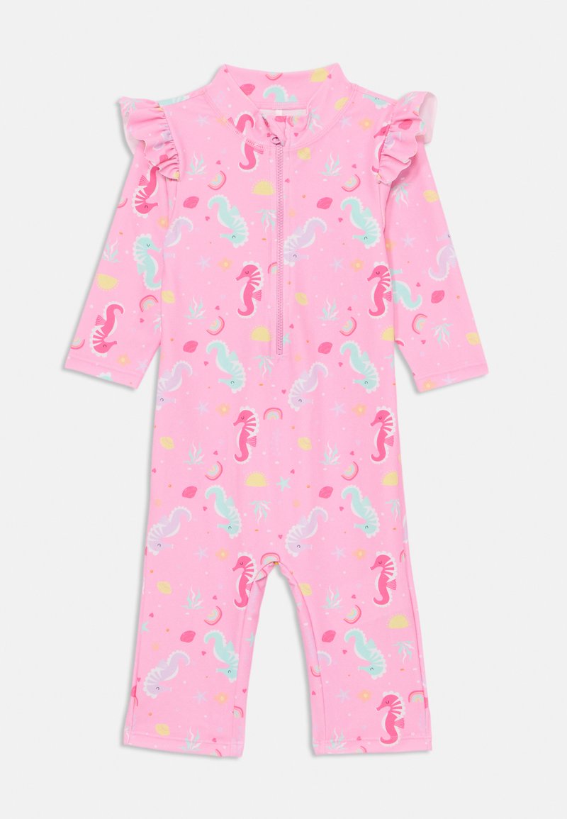 Rosa kortärmad rash guard med dragkedja fram, volangdetaljer och ett färgglatt mönster av sjöhästar med akvatiska inslag. Tillverkad av elastisk tyg.