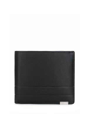 Czarny skórzany portfel o teksturowanej powierzchni, poziomych kieszeniach na karty i minimalistycznym designie. Posiada małe metalowe logo.