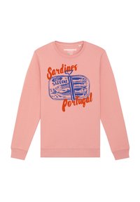 Rosa Sweatshirt mit einem blauen, illustrierten Sardinendosen-Design und dem Text "Sardinen Portugal" in Orange. Weicher Stoff, Rundhalsausschnitt, lange Ärmel.