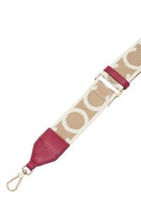 Cinghia in tessuto beige con motivo circolare; le estremità presentano dettagli in pelle rossa e un gancio in metallo dorato per il fissaggio.