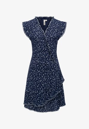 Robe florale bleu marine à manches courtes, design enveloppant avec volants, motifs de fleurs blanches et finition à bords festonnés. Tissu léger.