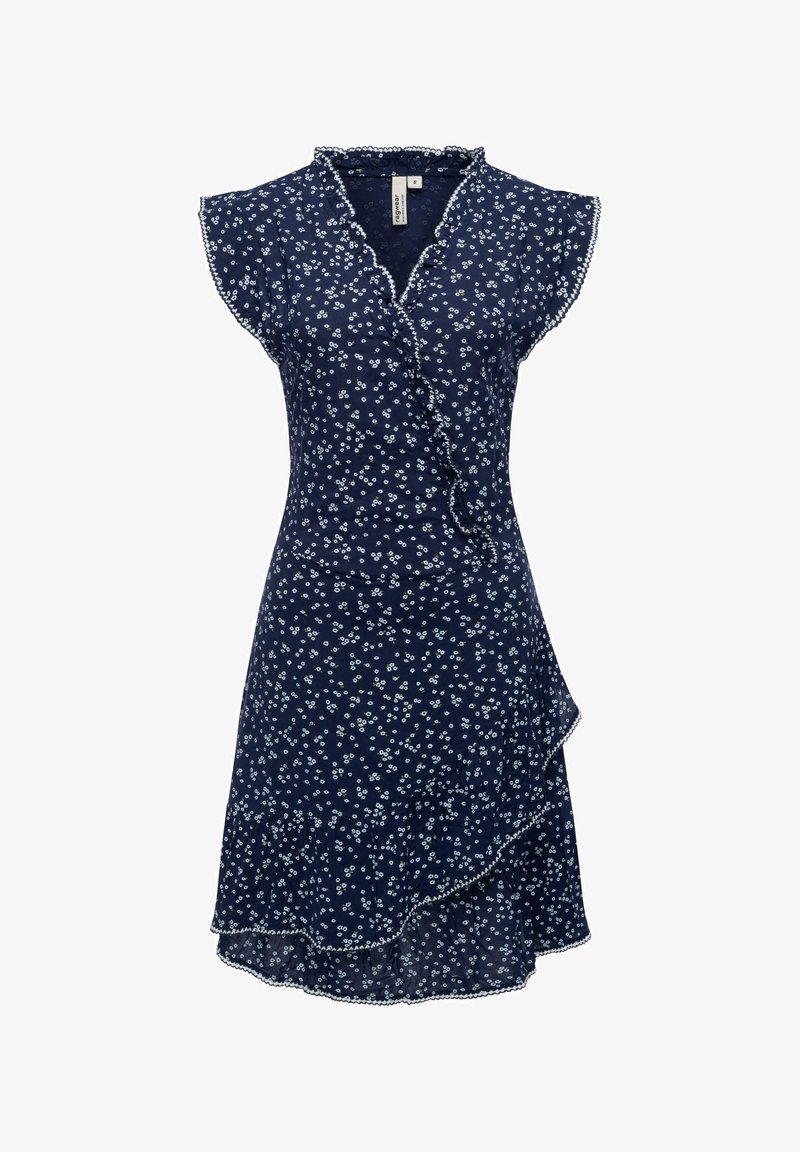 Marineblaues Blumenkleid mit kurzen Ärmeln, gerafftem Wickeldesign, weißen Blumenmustern und geschwungenem Saumdetail. Leichtes Material.