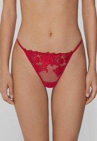 Tanga rojo bordado con un diseño de encaje floral y paneles de malla transparente. La cinturilla es delgada, lo que realza su apariencia delicada.