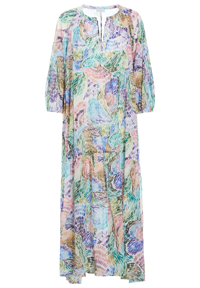 Robe longue et ample avec manches trois-quarts, encolure ronde avec ouverture partielle à l'avant, motif floral abstrait pastel.