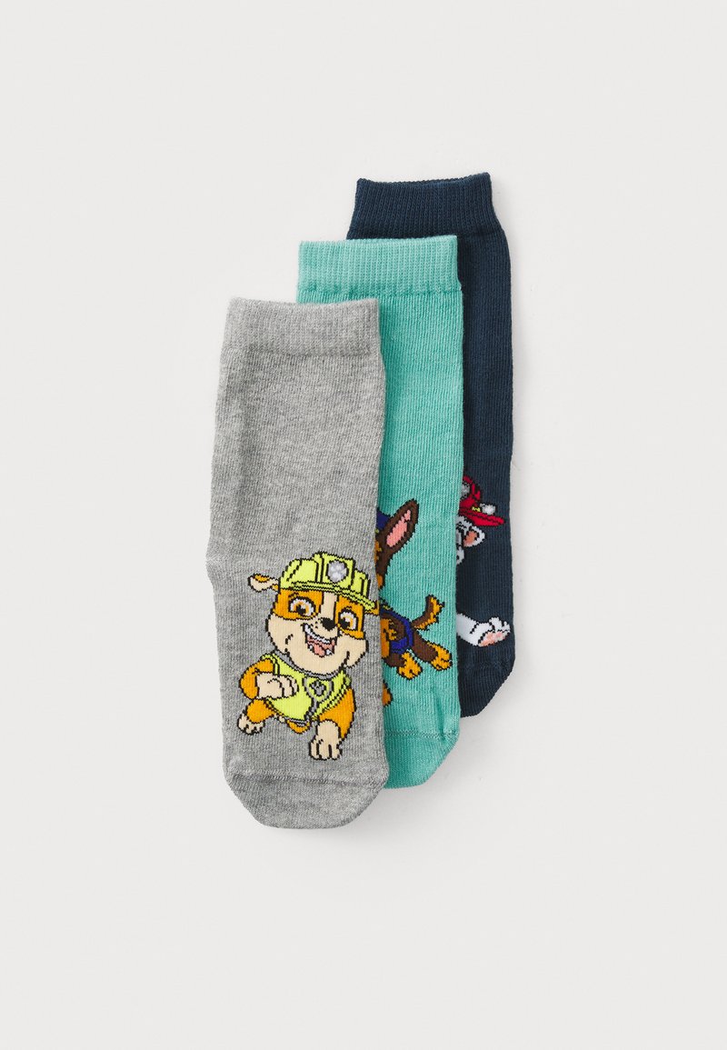 Three pairs of children's socks: grey with a character print, teal ribbed, and navy with a character print. Cotton blend, crew length.