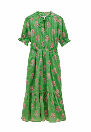 Grünes Baumwoll-Midikleid mit floralen Druck, kurzen Puffärmeln, einem Bindekragen und einem gestuften Rüschensaum. Elastischer Bund für eine gute Passform.