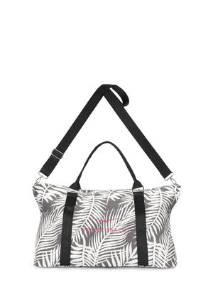 White and black palm leaf patterned duffel bag with black handles and adjustable shoulder strap, text reading "Venice Beach" in pink.