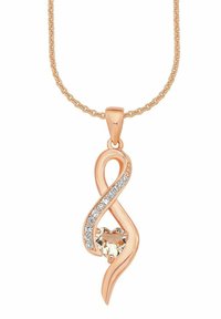 Roséguld hänge med en svängande design, prydd med klara stenar och en hjärtformad centersten, hängande på en delikat kedja.