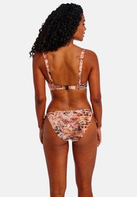 Multicolored bikini made of stretchy material, featuring a patterned design with earthy tones and adjustable straps; includes a clasp back.