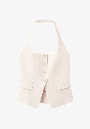 Chaleco sin mangas color crema con cuello halter, cuatro botones delanteros y dos bolsillos con solapa, corte entallado, escote cuadrado.