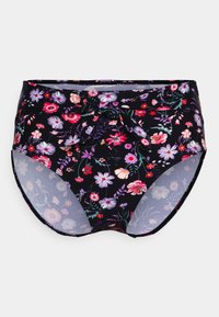 Cuecas de bikini pretas de cintura alta com um padrão floral multicolorido. Apresentam um detalhe de laço frontal e um tecido liso e elástico.