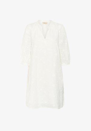 Witte jurk met bloemenborduursel, een V-hals en driekwart pofmouwen. Gemaakt van lichtgewicht stof, heeft het een ontspannen silhouet.