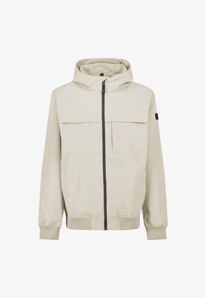 Lichtbeige jas gemaakt van een glad, duurzaam materiaal, voorzien van een capuchon, ritssluiting aan de voorkant, twee grote borstzakken en elastische manchetten.
