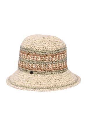 Beige and light brown crocheted bucket hat with a soft brim and a small round black emblem on the side.