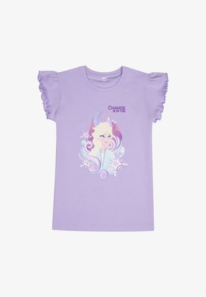 Lilac short-sleeve t-shirt with ruffled sleeves, featuring a graphic of a character, the text "Change is in the Air," and snowflake details.