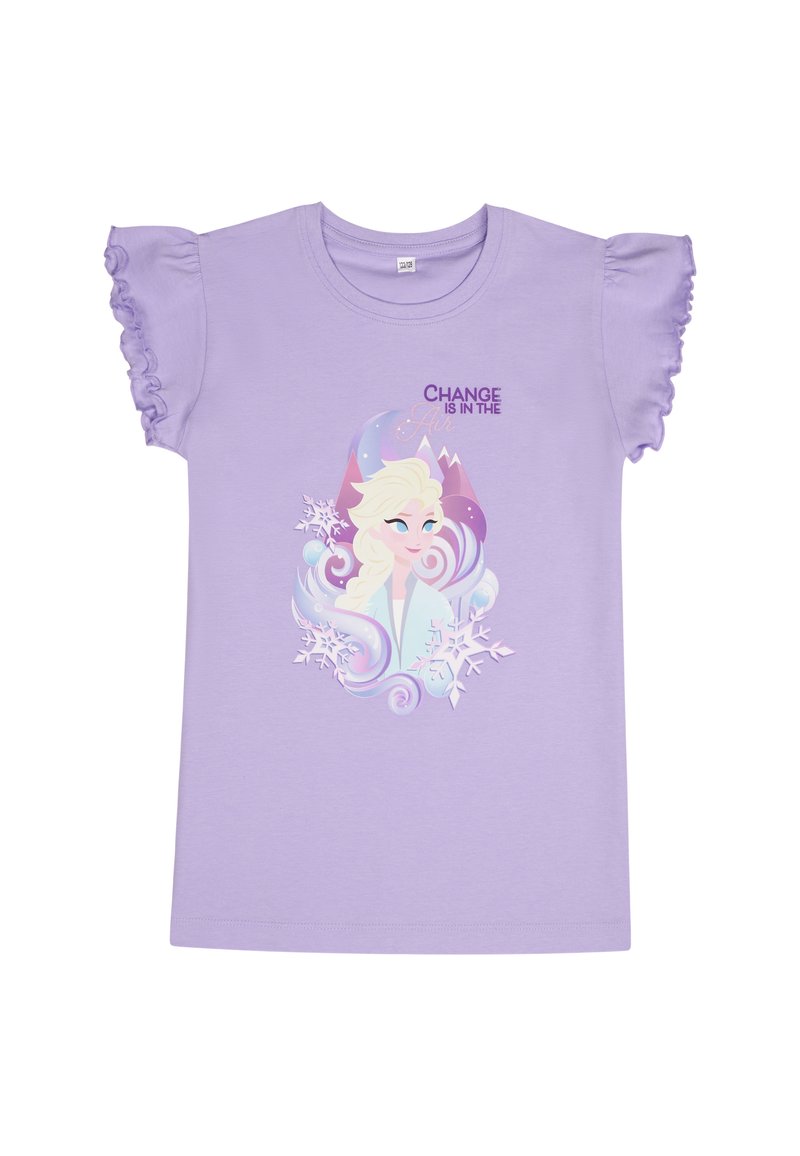 Camiseta de manga corta lila con volantes, que presenta un gráfico de un personaje, el texto "El cambio está en el aire" y detalles de copos de nieve.