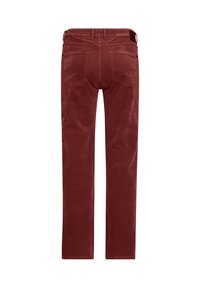 Rote Cordhosen mit geradem Bein. Verfügt über Gesäßtaschen und einen Bund mit Gürtelschlaufen. Weiche Textur mit sichtbarem Kordmuster.