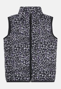 Gilet rembourré noir et gris à imprimé léopard avec un col montant et une fermeture éclair sur le devant ; présente des motifs irréguliers avec des accents violets.