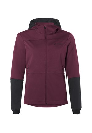 Burgunderrote Softshelljacke mit schwarzer Kapuze und Ärmeln. Verfügt über einen Frontreißverschluss und zwei Seitentaschen. Glatte Textur und sportliches Design.