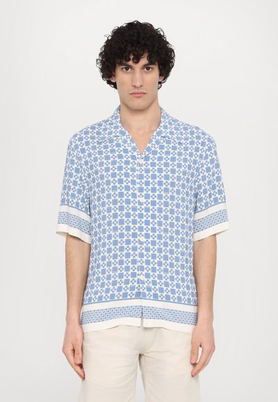 Short-sleeve button-up shirt in light blue with a geometric pattern, featuring a collar and contrasting white accents at the sleeves and hem.