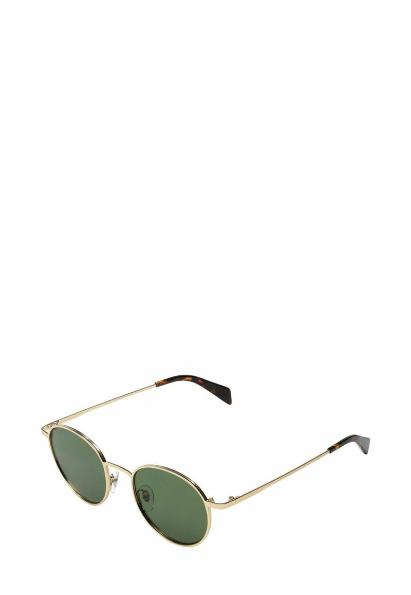 Lunettes de soleil rondes avec verres verts, monture en métal doré et embouts de branches en écaille de tortue. Design léger pour un port confortable.