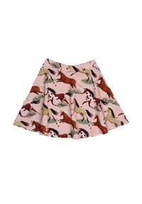 Roter Rock mit wiederholtem Pferdemuster in verschiedenen Farben, mit elastischem Bund und ausgestelltem Design für Bewegungsfreiheit.