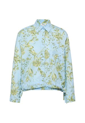 Lichtblauw overhemd met lange mouwen, groen bloemenpatroon, puntige kraag, borstzak en elastische zoom met plooien.