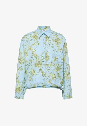 Lichtblauw overhemd met lange mouwen, groen bloemenpatroon, puntige kraag, borstzak en elastische zoom met plooien.