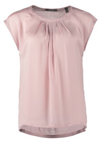Blouse sans manches rose clair avec col rond, détail plissé à l'avant et ourlet légèrement arrondi, en tissu lisse et léger.
