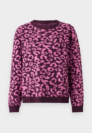 Purple sweater featuring a pink leopard print pattern, round neckline, and ribbed cuffs. Made from soft knit fabric with a relaxed fit.