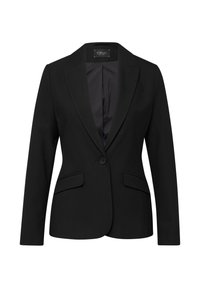 Schwarzer Blazer mit einem Knopfverschluss, spitzen Revers und zwei vorderen Taschen. Glatter Stoff mit maßgeschneiderter Passform und einfarbigem Design.